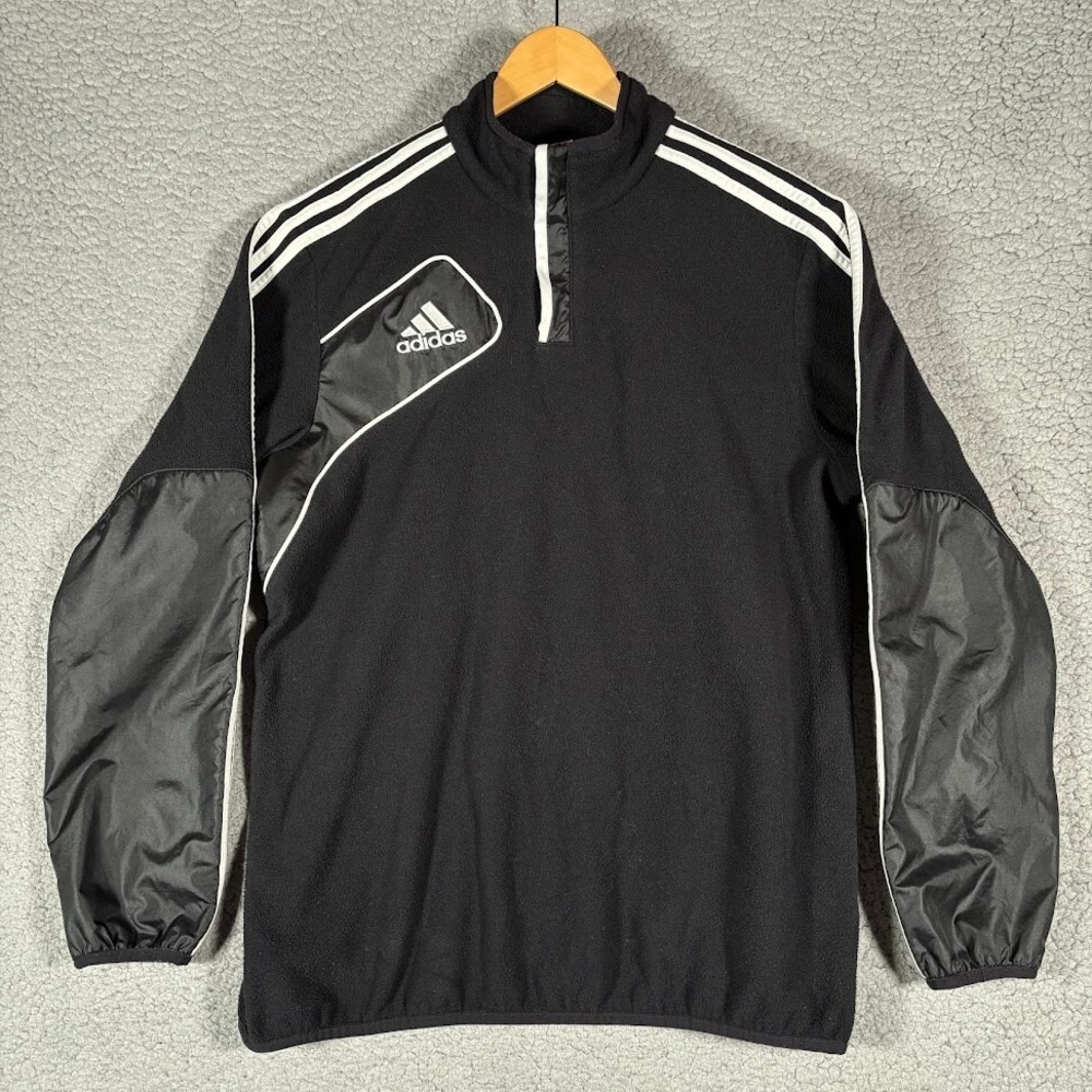 Adidas Fleece Pullover 1/4 zip jacket sweater mens Sz L referee‎ black white Y2K